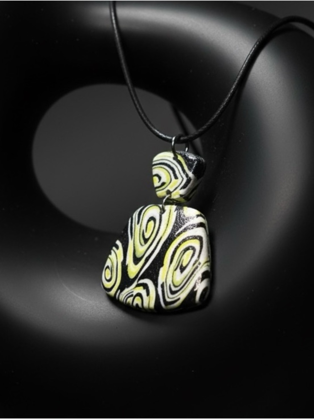 Yellow Black & White Handmade 2 Pc Polymer Clay Large Pendant Necklace SS Clasp